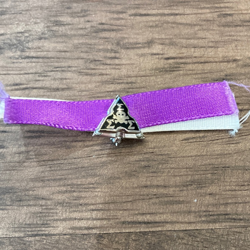Tri Sigma Sorority Skull Pin on Purple and White Ribbon